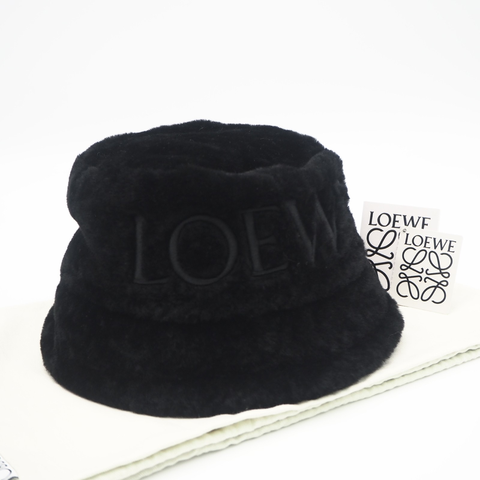 極美品 LOEWE ロエベ シアリング エンブロイダリーロゴ バケットハット M K820HB1X70 ハット ブラック コットン ファー レディース