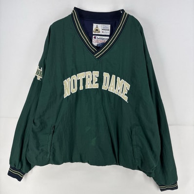 古着 チャンピオン Champion ナイロンジャケット ロゴ カレッジ 刺繍 プルオーバー ノートルダム 大きいサイズ 2XL グリーン メンズ