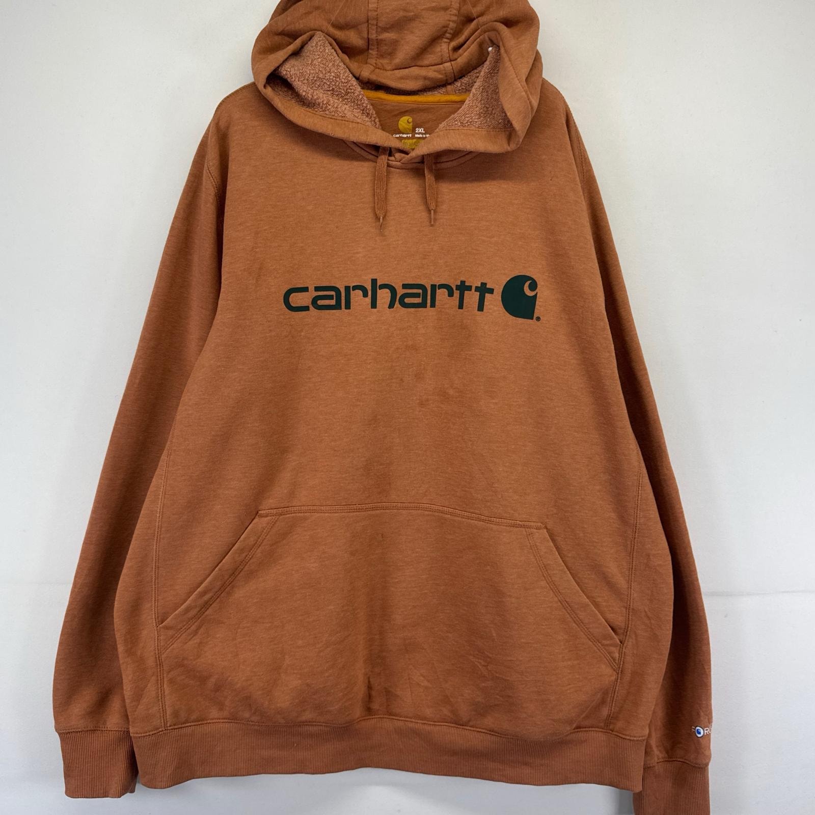 古着 カーハート Carhartt パーカー スウェット 大判プリント ロゴプリント 大きいサイズ 2XL  オレンジ系 メンズ
