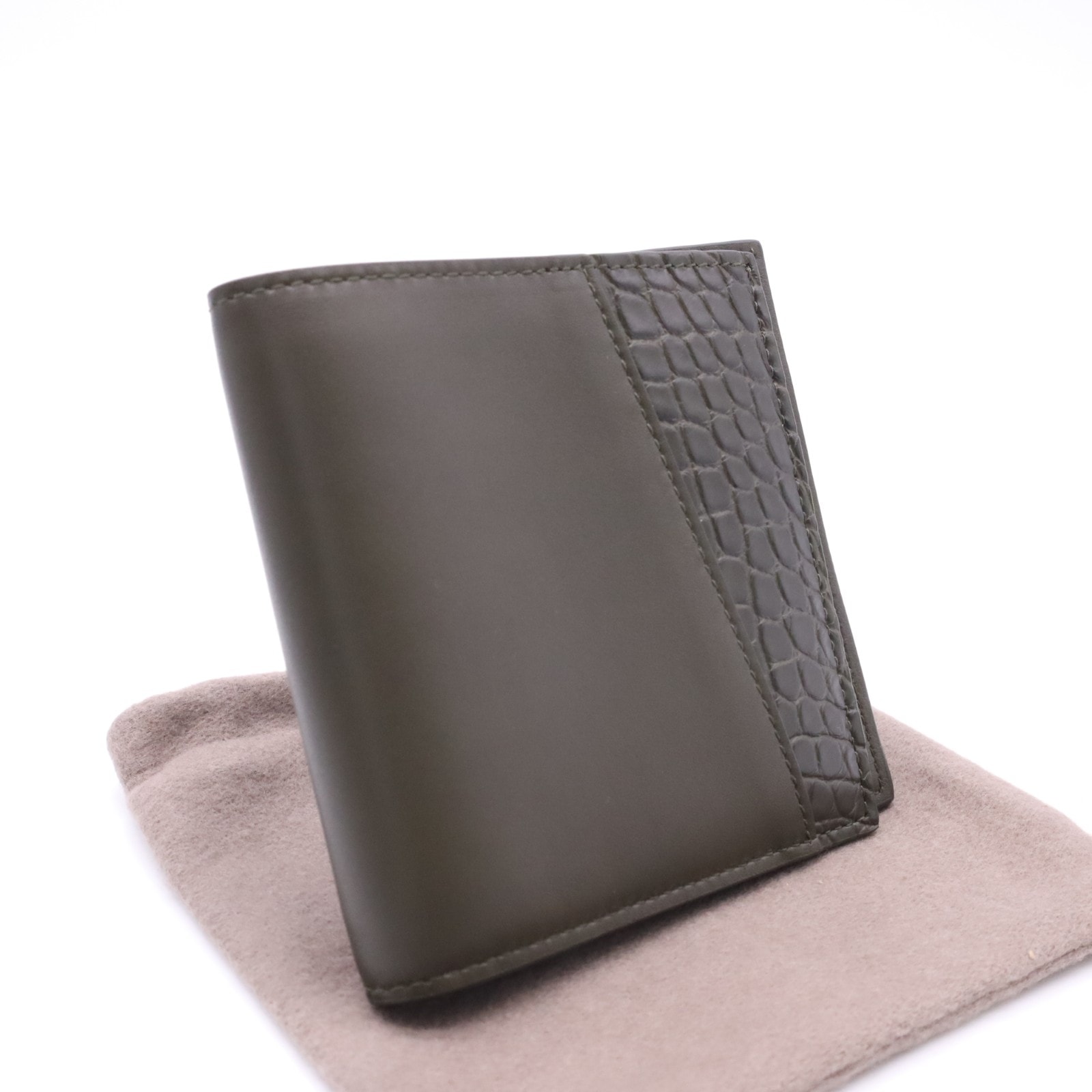 未使用 BOTTEGAVENETA ボッテガヴェネタ エキゾチック レザー コンパクト ウォレット   6479726 二つ折り財布 カーキグリーン カーフレザー クロコダイル メンズ