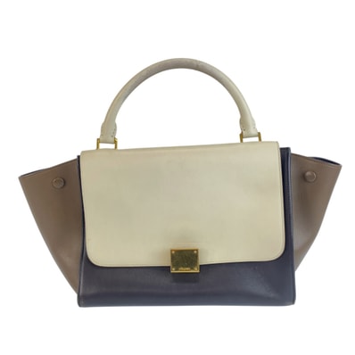 CELINE セリーヌ トラペーズ ブラウン ホワイト レザー ハンドバッグ 2WAY ショルダーバッグ 1-0295772 【中古】