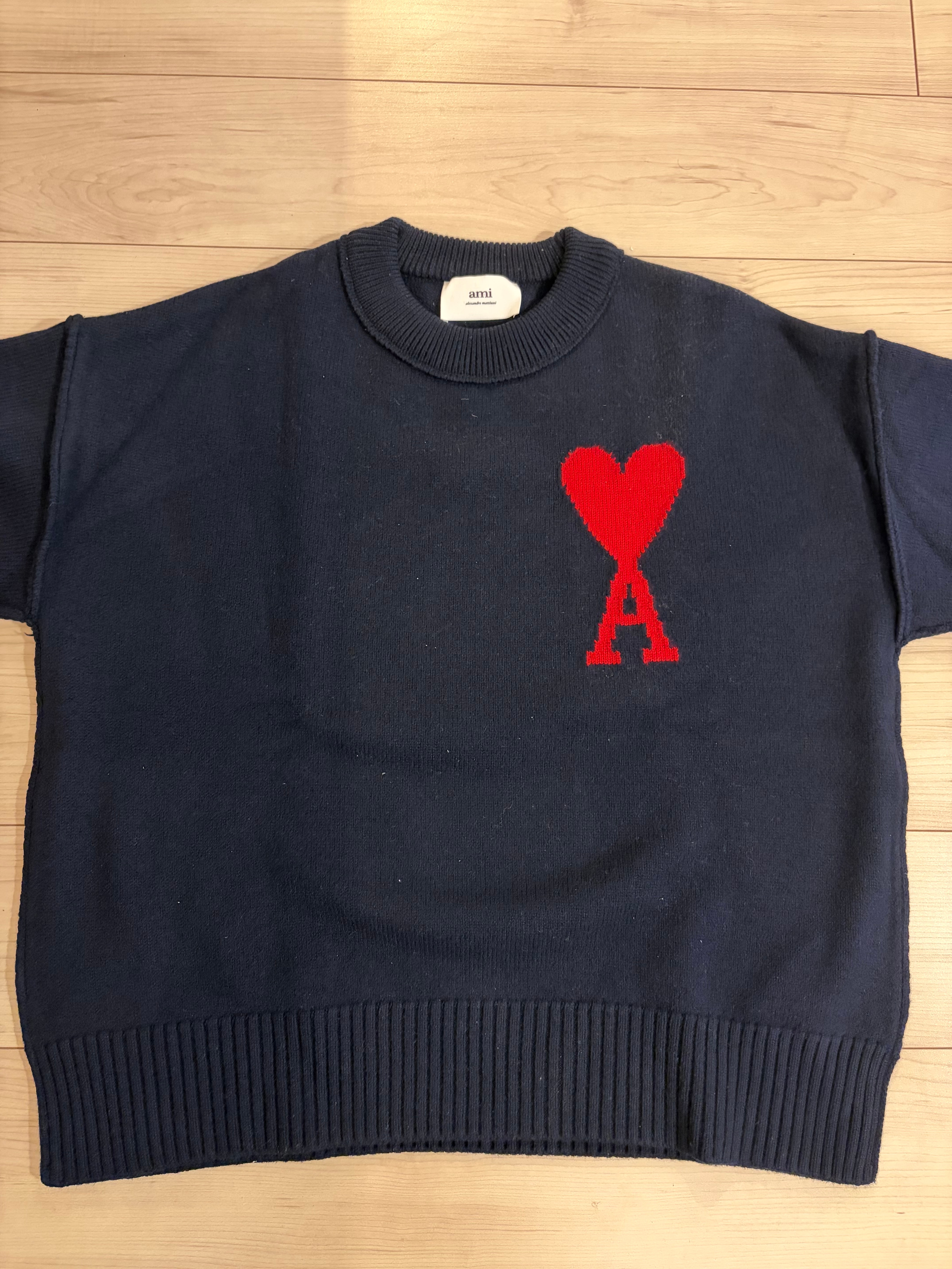 AMI PARIS Merino Wool Felt Sweater #1 "Night Blue & Red"