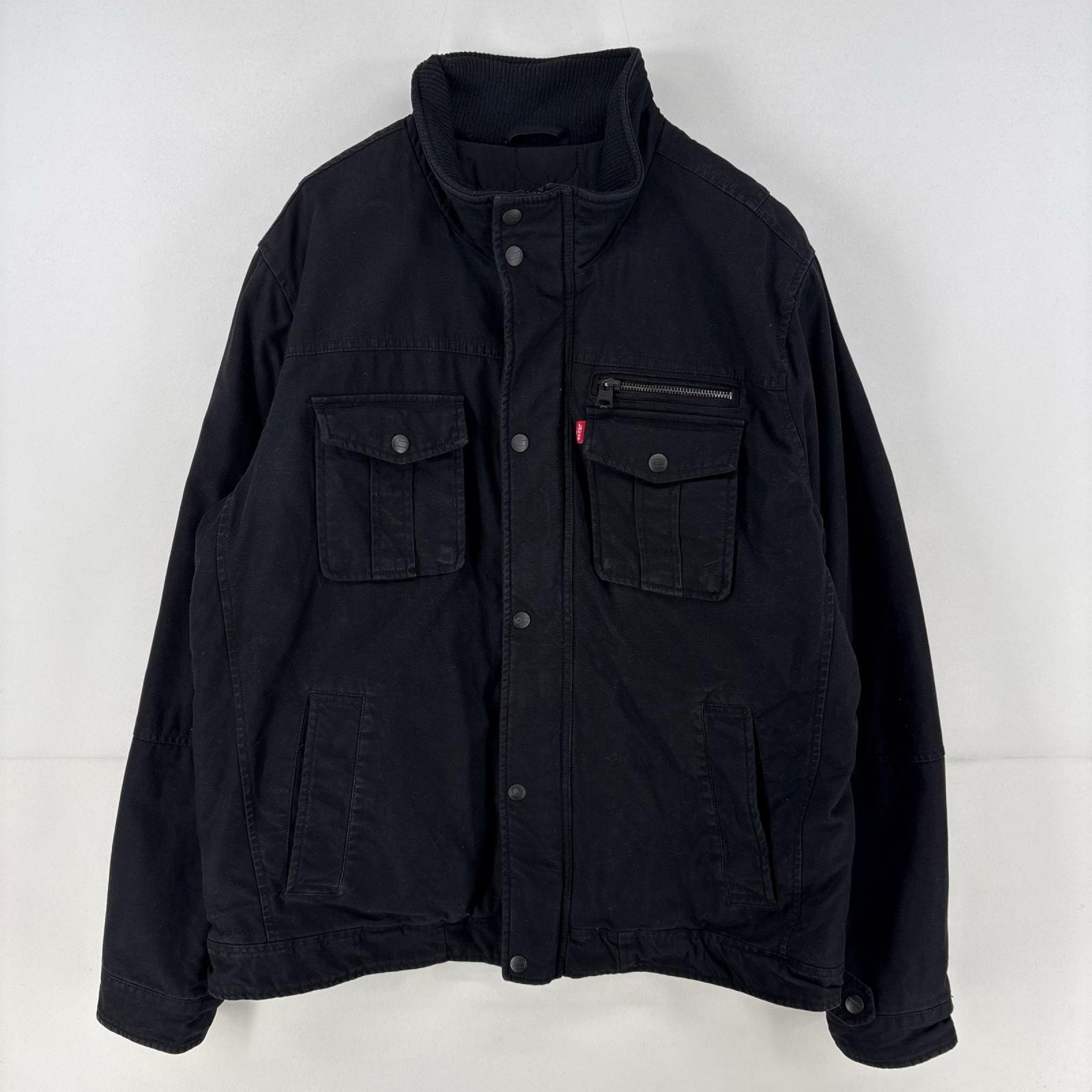古着 リーバイス Levi's ジャケット 中綿 フルジップ 胸ポケット デニム L ブラック 無地 メンズ