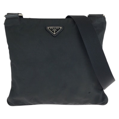 美品 PRADA プラダ テスート サフィアーノ 三角ロゴプレート ブラック 黒 シルバー金具 ナイロン レザー/ ショルダーバッグ メッセンジャーバッグ 601543 【中古】