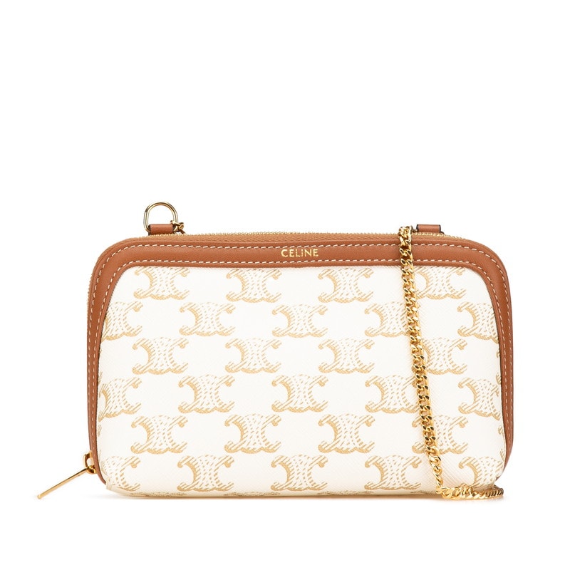 セリーヌ トリオンフ チェーン 斜め掛け ショルダーバッグ ホワイト ブラウン PVC レザー レディース CELINE 中古