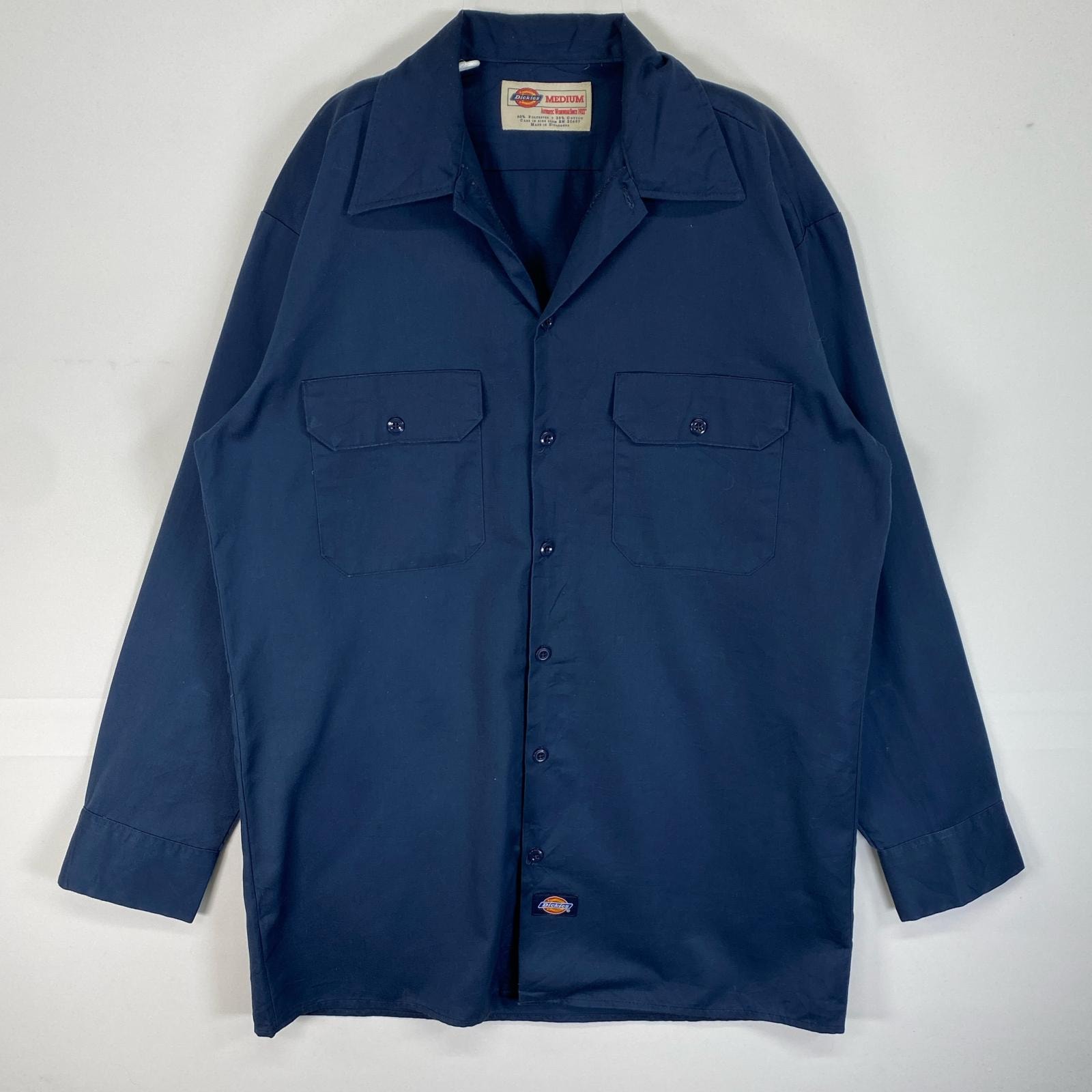 古着 ディッキーズ Dickies 長袖シャツ ワーク 作業着 フラップポケ ワンポイント ロゴ M ネイビー 無地 メンズ