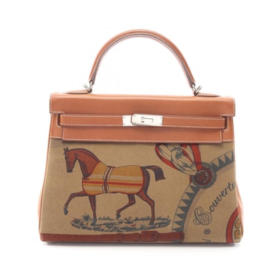 エルメス HERMES ケリー32 内縫い 2WAY ハンドバッグ バッグ キャンバス レザー トワルクーベル ヴォーバレニア ツンドラ □N刻印(2010年製造) レディース ベージュ系 / ブラウン系 / フォーブ 【中古】