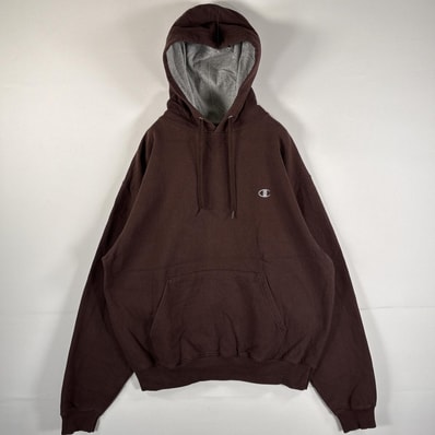 古着 チャンピオン Champion パーカー ワンポイントロゴ刺繍 フーディー マフポケット 前Vガゼット フード紐 L ブラウン メンズ