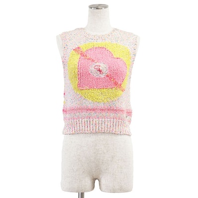 美品 シャネル 2024SS P76454 ベスト ハート 刺繍 クリスタルチャーム COCOマーク ボーダー ニット レディース ピンク マルチカラー 36 CHANEL