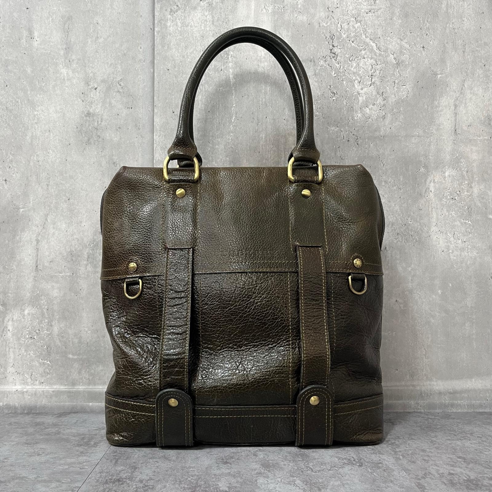 【BURBERRY】バーバリー トートバッグ レザー シボ革 ブラウン ゴールド金具 Dリング ベルトデザイン 縦型 ハンドバッグ A4収納 大容量