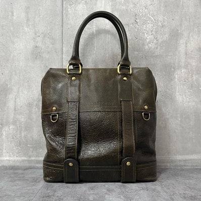 【BURBERRY】バーバリー トートバッグ レザー シボ革 ブラウン ゴールド金具 Dリング ベルトデザイン 縦型 ハンドバッグ A4収納 大容量