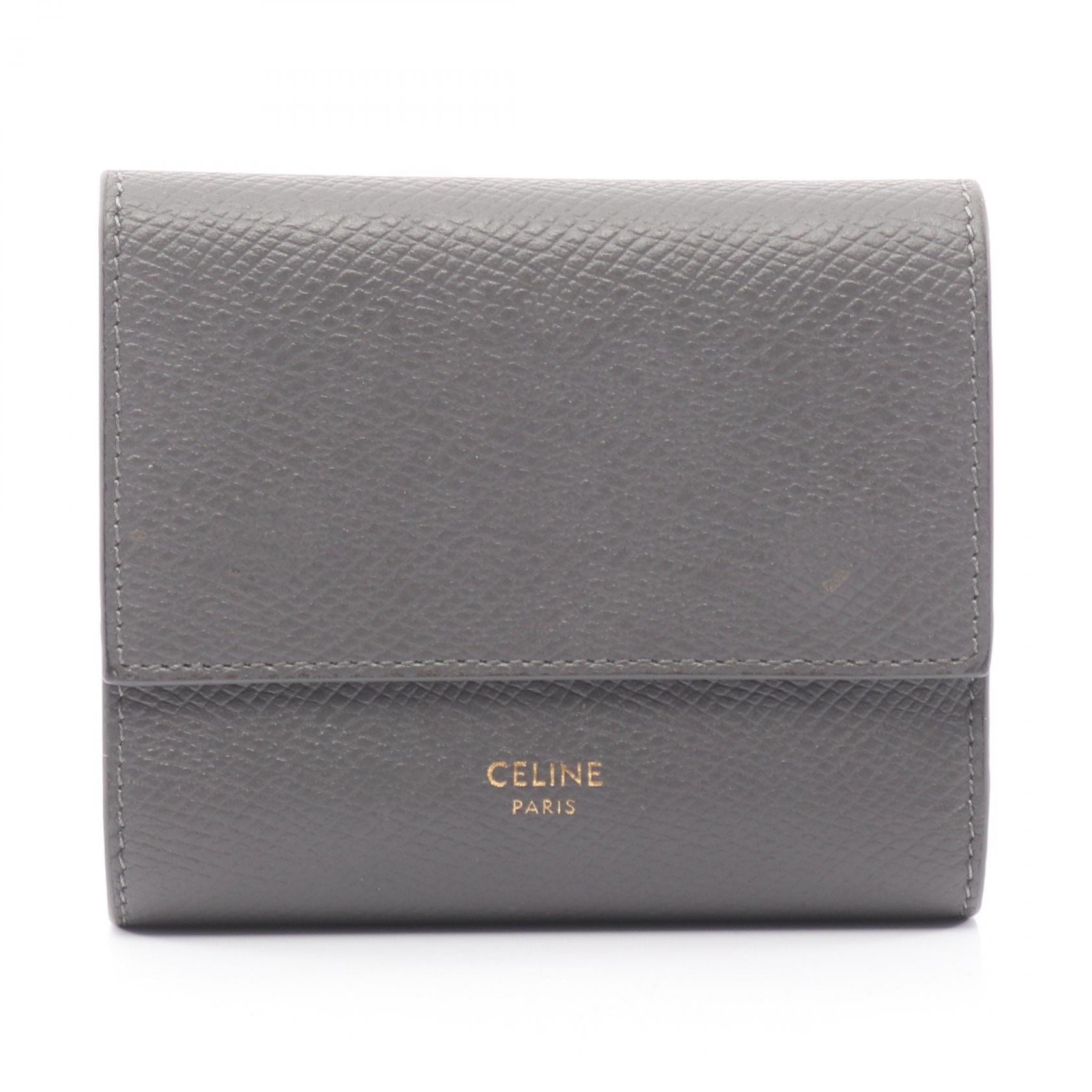 セリーヌ CELINE スモール トリフォールドウォレット 三つ折り財布 財布 レザー レディース グレー系 10B573 【中古】