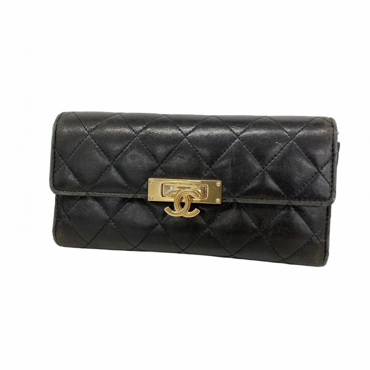 【6ee6150-k】シャネル 長財布 マトラッセ ラムスキン ブラック ゴールド金具【中古】レディース