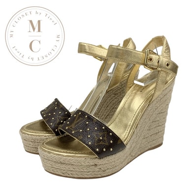 ルイヴィトン LOUIS VUITTON スターボードライン モノグラム サンダル 靴 シューズ レザー ゴールド ブラウン スタッズ ウェッジソール エスパドリーユ