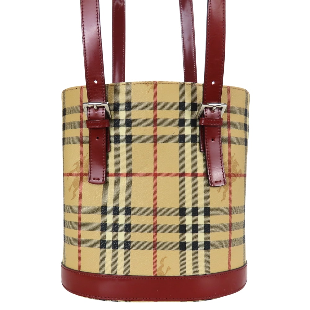 【中古】 バーバリー トートバッグ バケット PVC レザー ベージュ レッド 肩掛け ノバチェック レディース 女性 BURBERRY