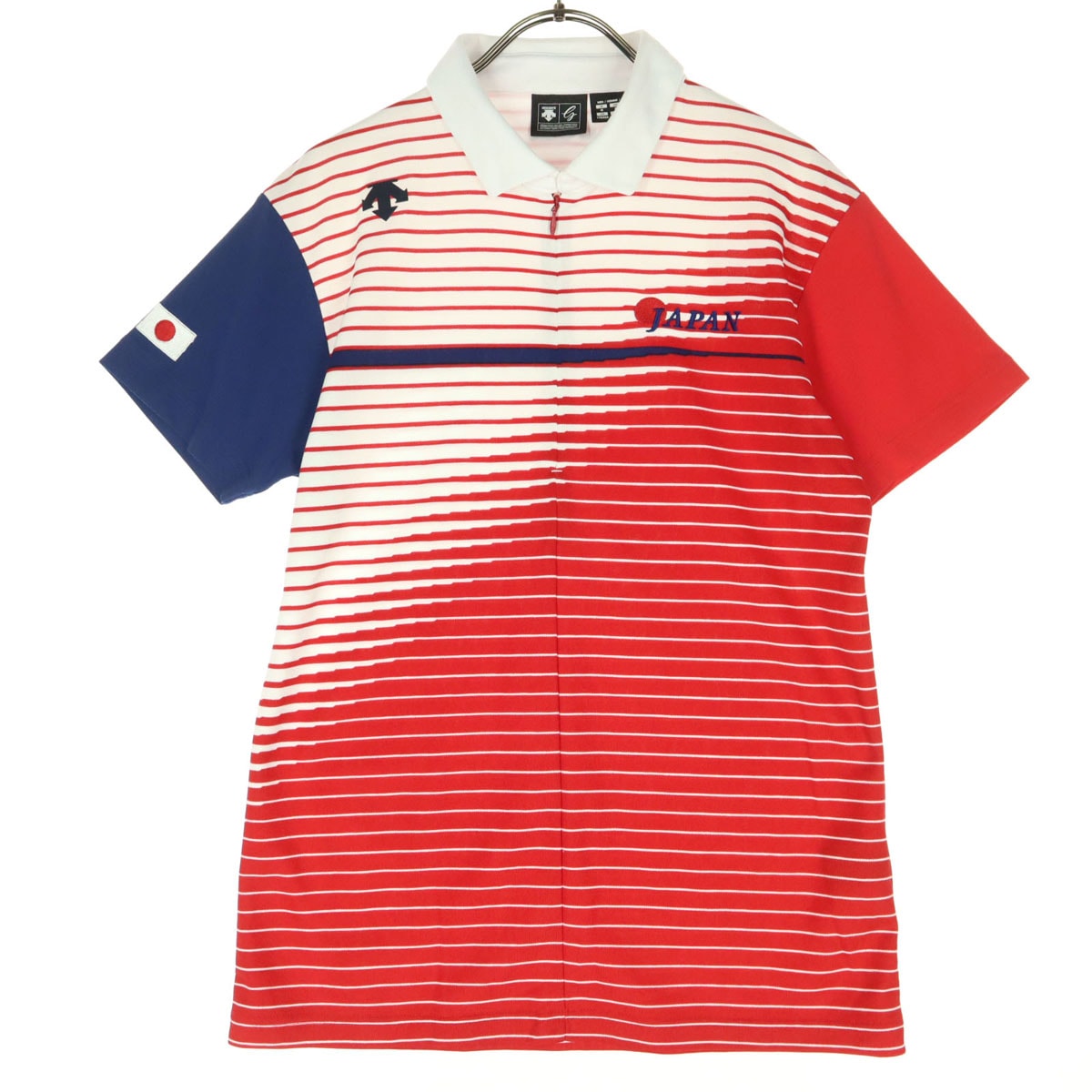 美品 DESCENTE デサント 日本代表 ライジングプリント 半袖 ジップアップ Tシャツ M レッド