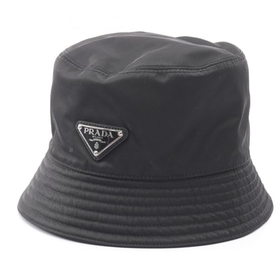 プラダ PRADA Re-Nylon 三角プレート バケット ハット 帽子 ナイロン レディース ブラック系 【中古】