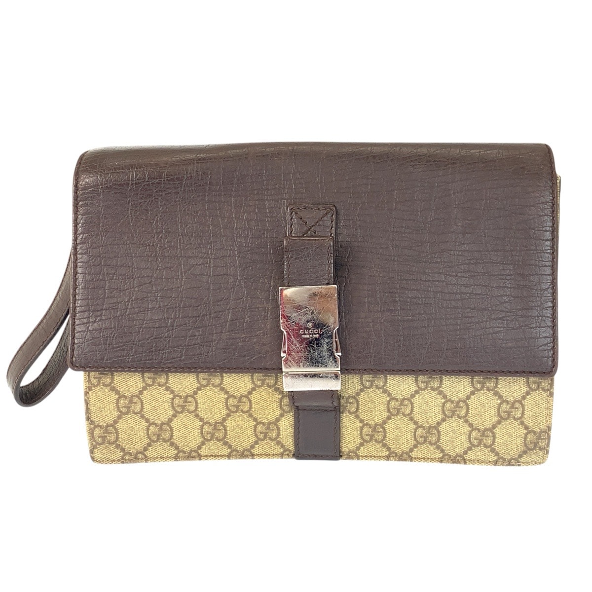 GUCCI グッチ ブラウン ベージュ シルバー金具 GGスプリームキャンバス レザー/ クラッチバッグ セカンドバッグ 601345 【中古】