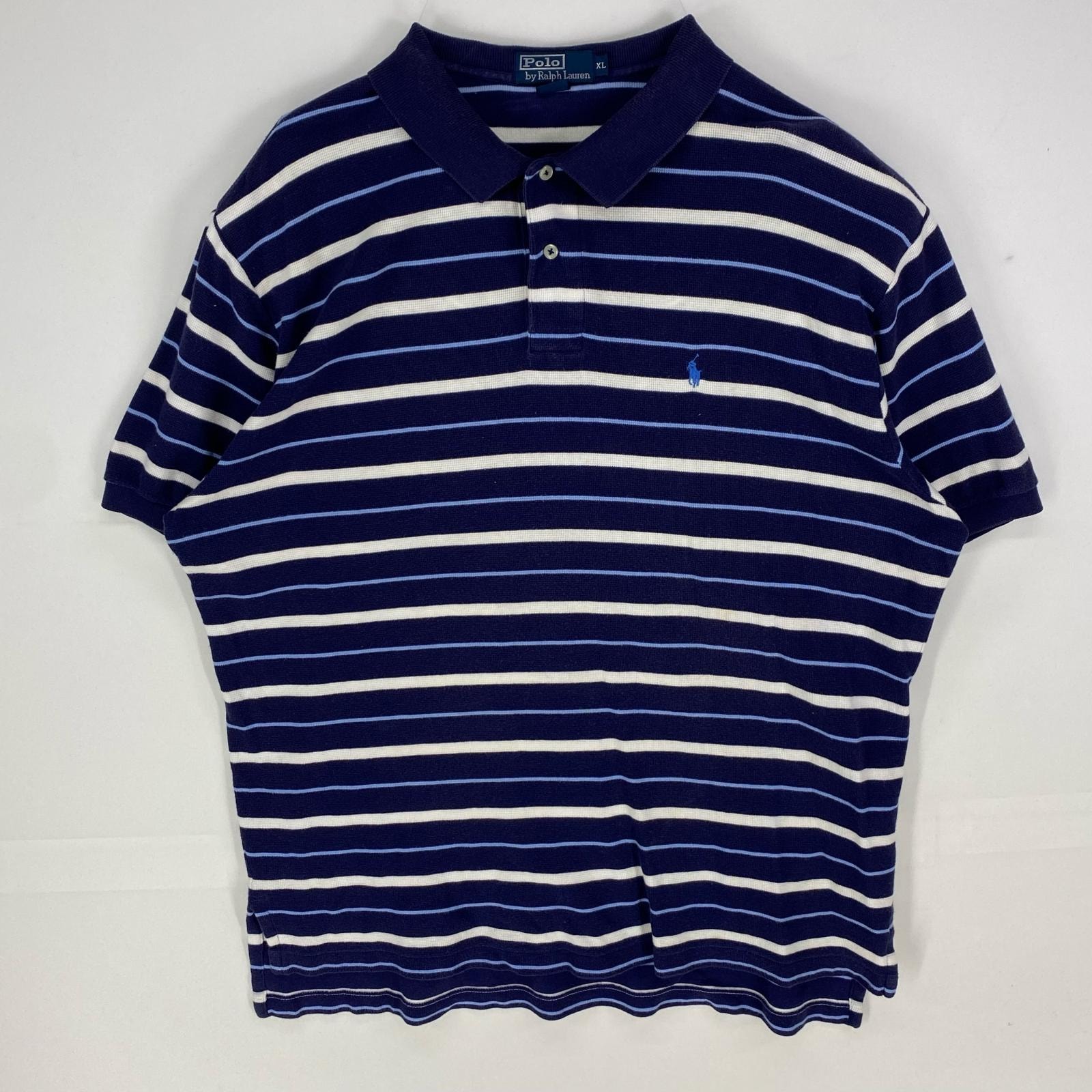 古着 ポロバイラルフローレン Polo by Ralph Lauren 半袖シャツ ワンポイントロゴ 刺繍 ポロシャツ XL ネイビー系 ボーダー メンズ