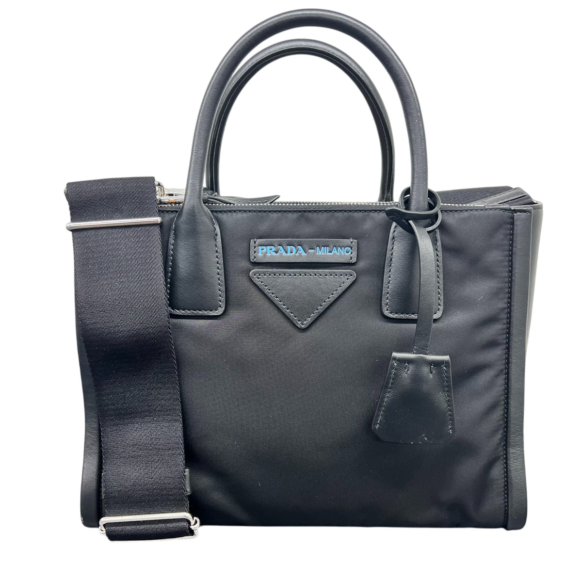 PRADA 極美品 プラダ ミラノ コンセプト トートバッグ 1BA175 2way トートバッグ ショルダーバッグ ナイロン レザー ブラック ブルー ハンドバッグ Aランク 鑑定済 中古 プラダバッグ