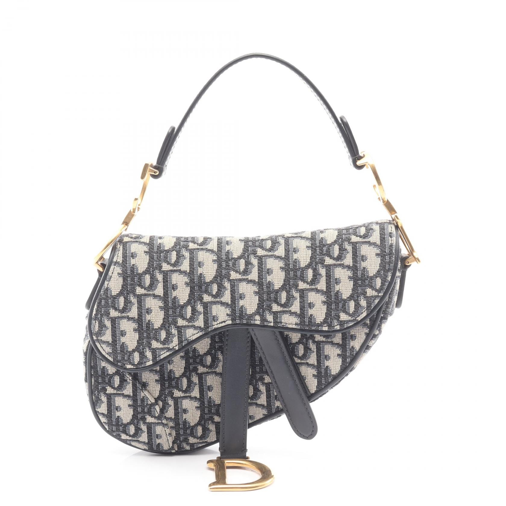 ディオール Dior サドルバッグ ミニ オブリークジャカード ハンドバッグ バッグ キャンバス レザー レディース ベージュ系 / ネイビー系 【中古】