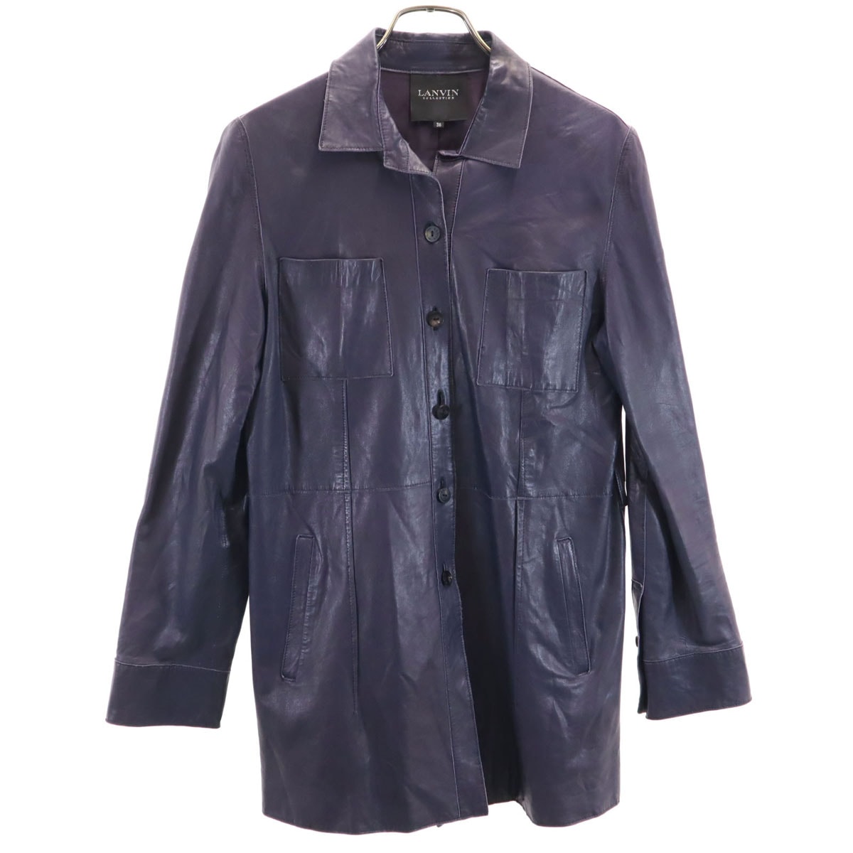 LANVIN LA COLLECTION ランバンコレクション 日本製 長袖 羊革レザー シャツ 38 ネイビー