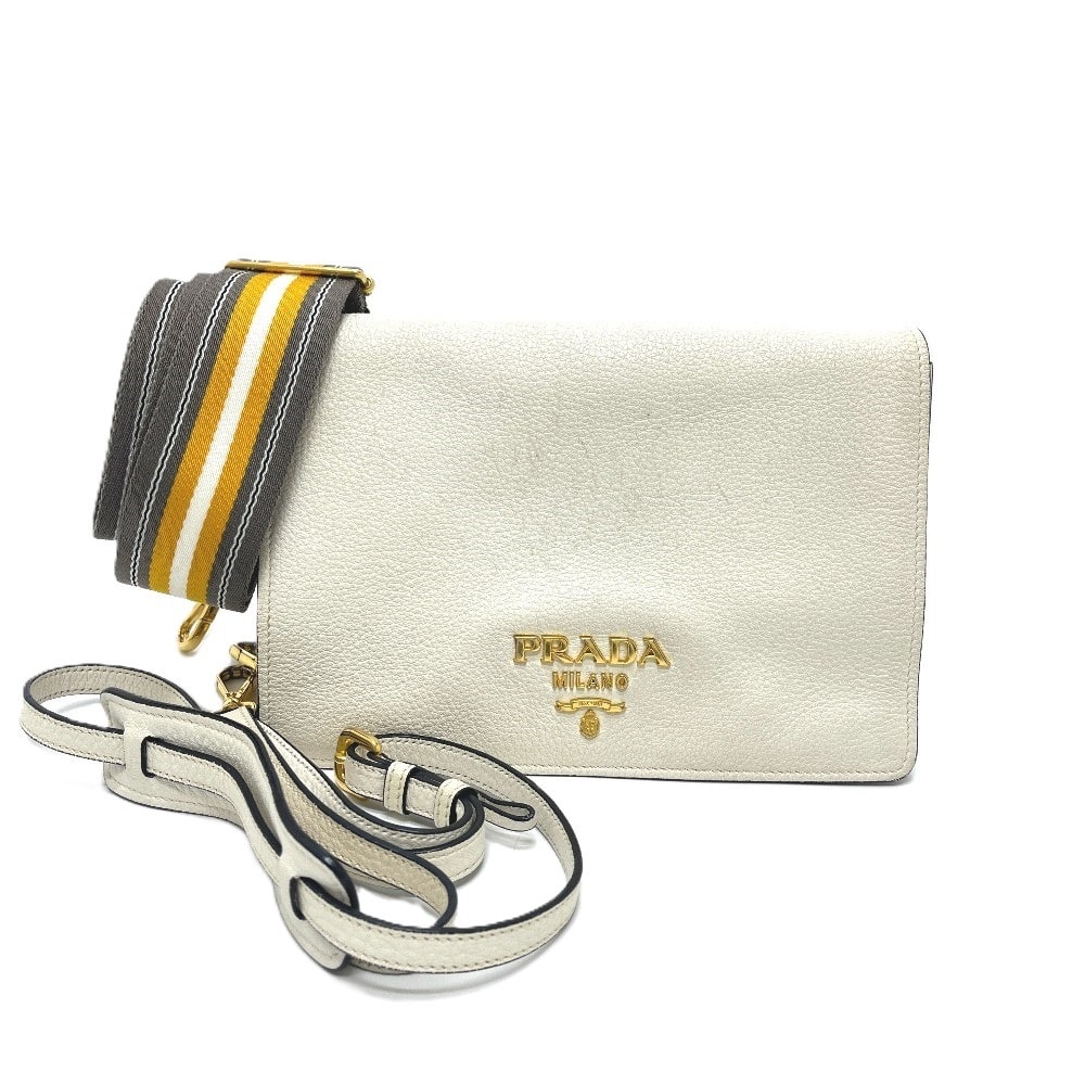 プラダ PRADA ヴィッテロダイノレザー 1BD159 ロゴ 2WAY カバン バッグ 斜め掛け フラップ ポシェット ショルダーバッグ レザー ホワイト