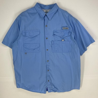 古着 コロンビア Columbia 半袖シャツ PFG フィッシングシャツ ボタンダウン アウトドア ワンポイントロゴ L 水色系 メンズ