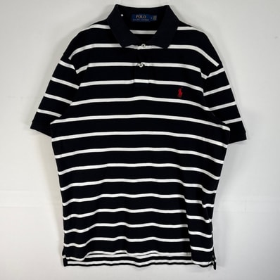 古着 ポロ・ラルフローレン POLO RALPH LAUREN 半袖 ポロシャツ ロゴ 刺繍 2ボタン M ブラック ボーダー メンズ