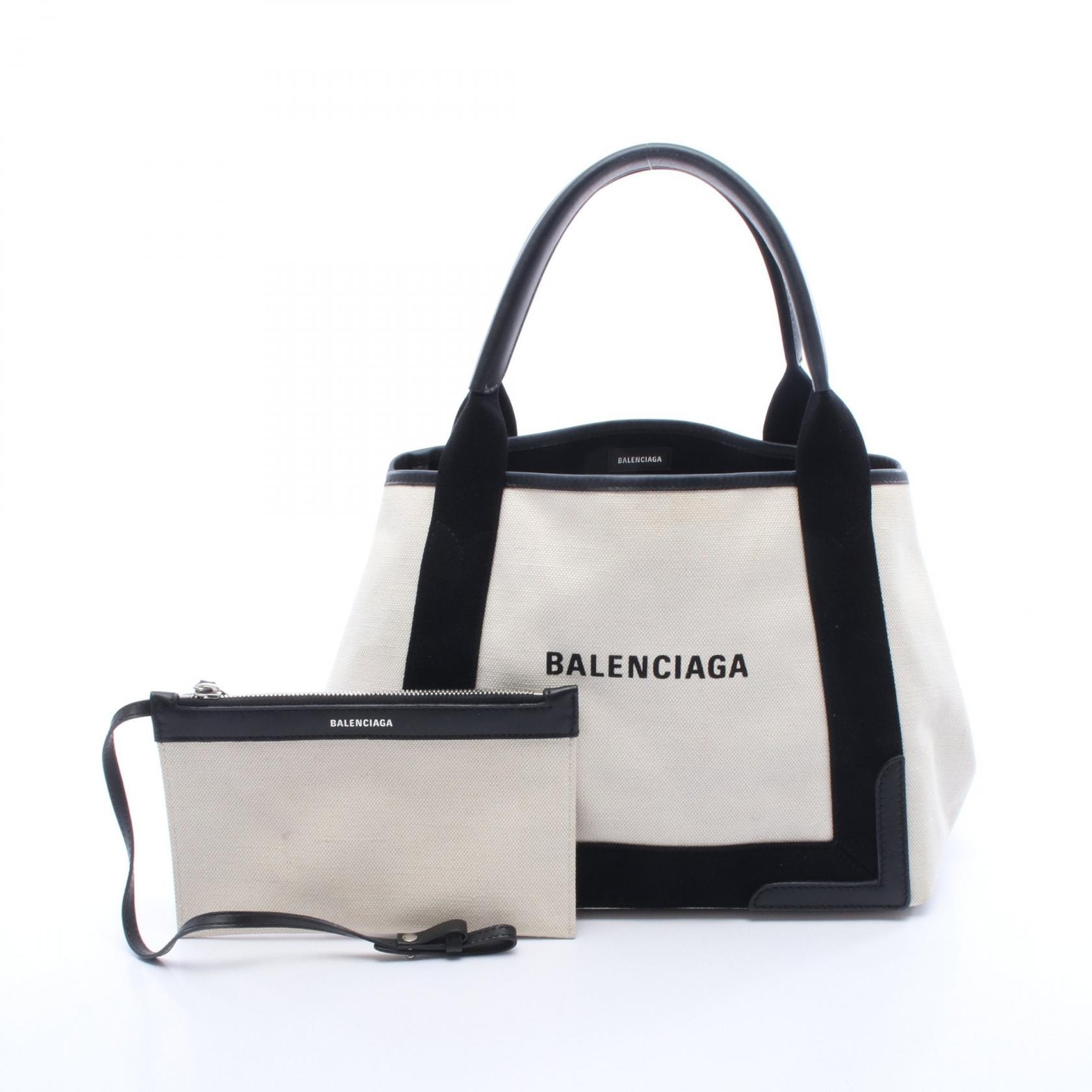 バレンシアガ BALENCIAGA NAVY CABAS S ネイビーカバ トートバッグ バッグ キャンバス レディース アイボリー系 / ブラック系 【中古】