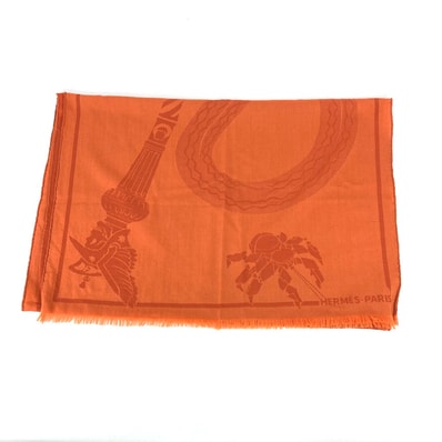 エルメス HERMES 大判 馬柄 シュバル ショール マフラー フリンジ ストール ウール オレンジ 美品