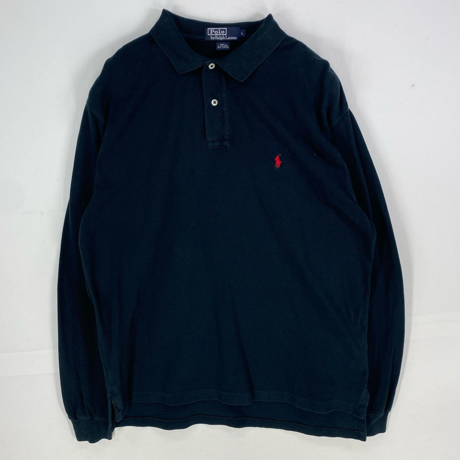 古着 ポロバイラルフローレン Polo by Ralph Lauren 鹿の子 長袖シャツ ワンポイント ロゴ刺繍 ポロシャツ L  ブラック系 メンズ