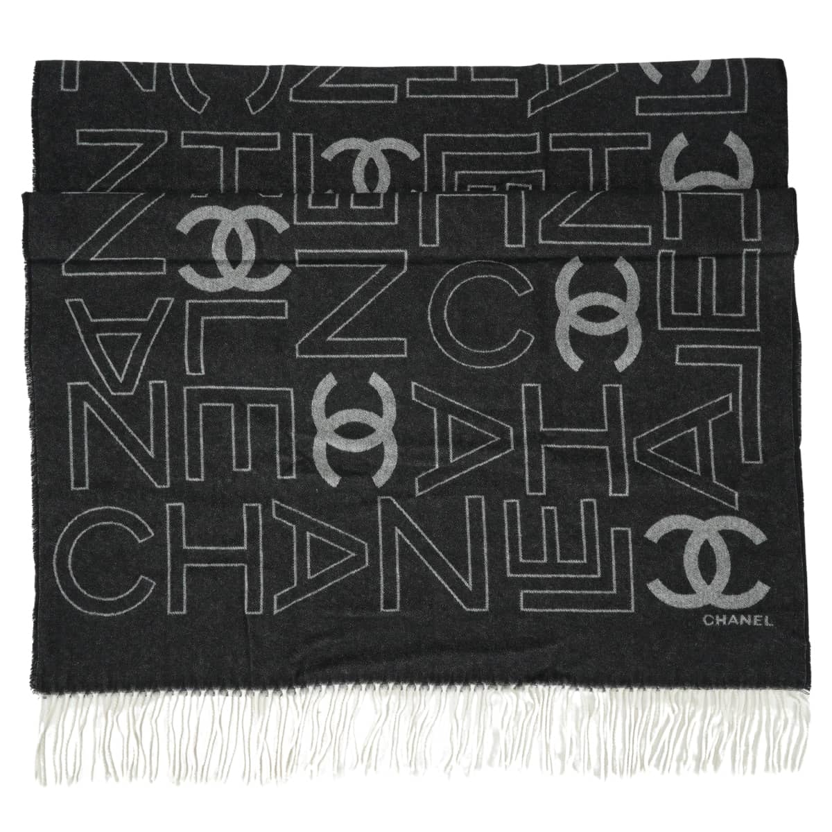 2023年秋冬 CHANEL シャネル ストール 大判 ココマークロゴ フリンジ ランダム 黒 (ブラック)/グレー/白 (ホワイト) カシミヤ/ウール 新品未使用