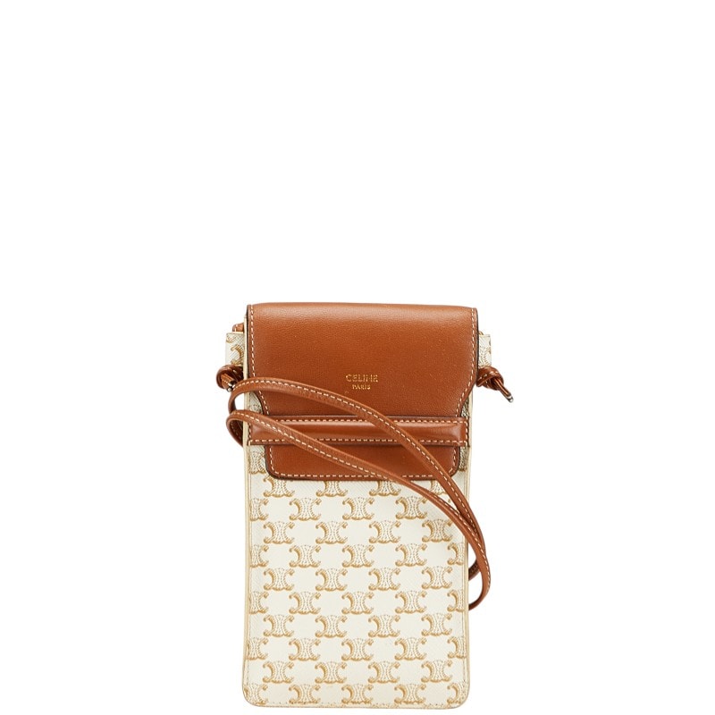 セリーヌ トリオンフ 斜め掛け ショルダーバッグ フォンケース ホワイト ブラウン PVC レザー レディース CELINE 中古
