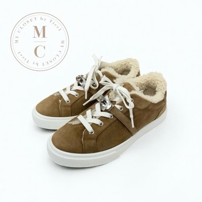 エルメス HERMES デイ スニーカー 靴 シューズ スエード ムートン ブラウン シルバー ケリー金具