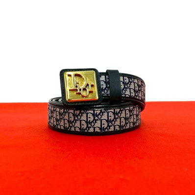 Christian Dior ディオール トロッター 柄 ロゴ バックル ナイロン レザー ベルト ネイビー
81931
