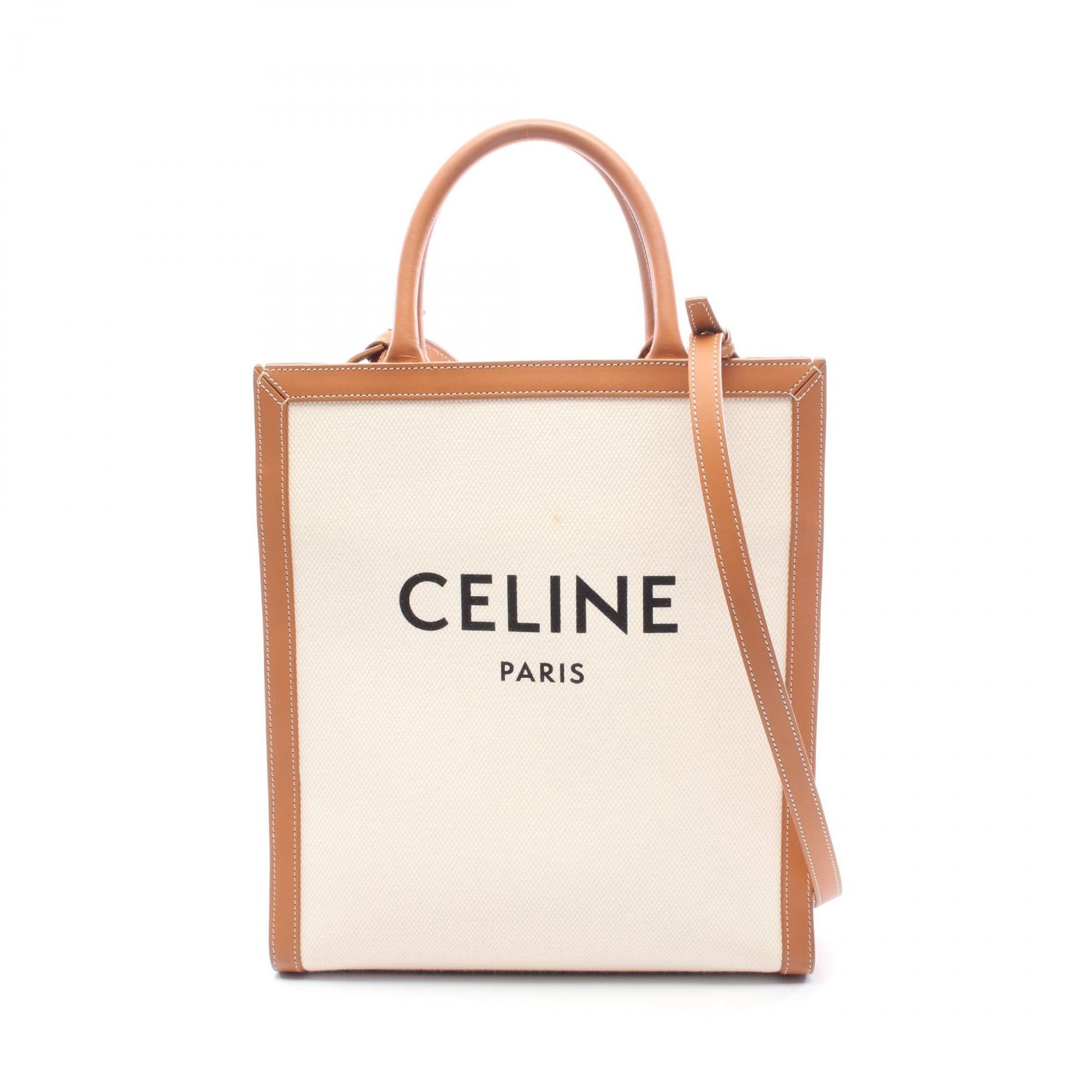 セリーヌ CELINE スモール バーティカル カバ トートバッグ バッグ キャンバス レザー レディース アイボリー系 / ブラウン系 192082BNZ 【中古】