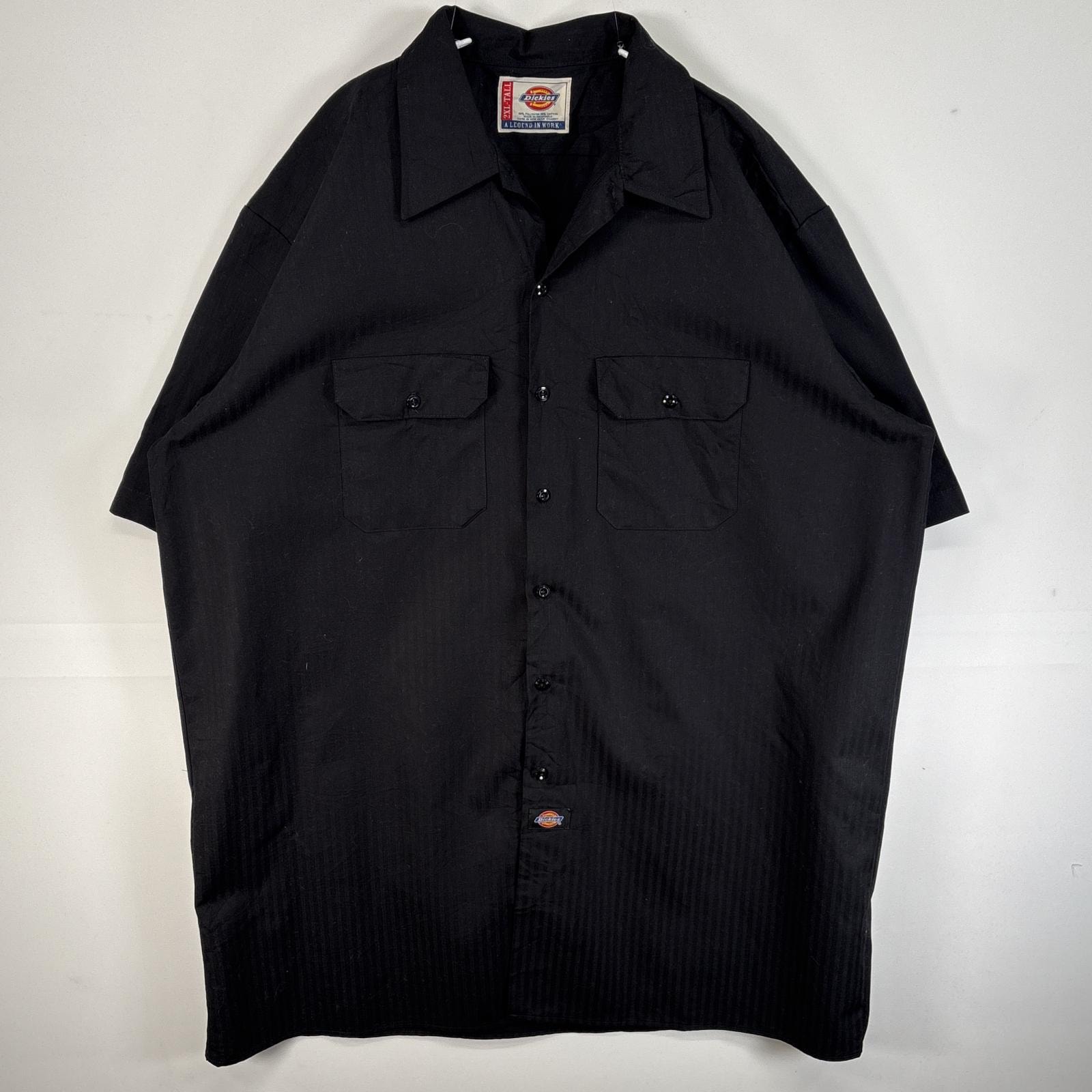 古着 ディッキーズ Dickies 半袖シャツ ワーク 作業着 フラップポケ 大きいサイズ ワンポイント ロゴ 2XL  ブラック ストライプ メンズ