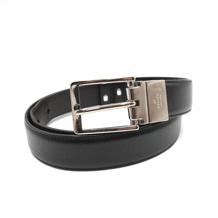 GUCCI(グッチ)リバーシブル レザーベルト ブラック ダークブラウン シルバー金具 メンズ 80・32 397041【中古】