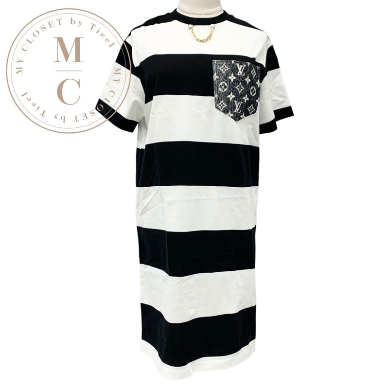 ルイヴィトン LOUIS VUITTON ワンピース コットン ブラック ホワイト 未使用 ボーダー ポケット チェーン