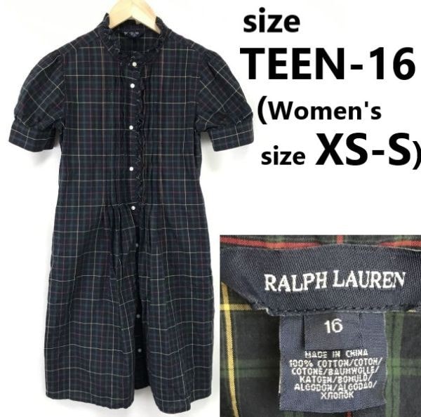 RALPH LAUREN★半袖/フリル/シャツワンピース【TEEN16(成人XS-S程度/紺系チェック柄/ミニ丈】春夏/dress/Tops/Shirts◆zBH791