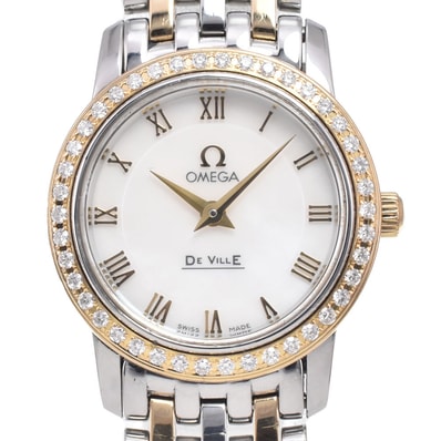 オメガ OMEGA 4375.71 デビル プレステージ ベゼルダイヤ ホワイトシェル クォーツ レディース 美品 箱・保証書付き 腕時計 R#149359