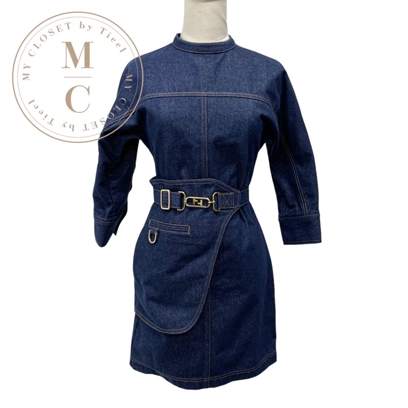 フェンディ FENDI ワンピース コットン ブルー ゴールド デニム ベルト 五分袖