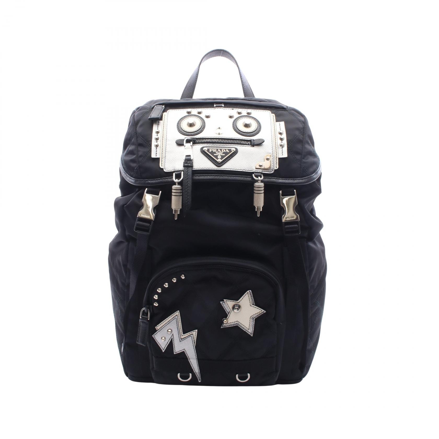 プラダ PRADA ロボットモチーフ リュックサック バックパック バッグ ナイロン レザー レディース ブラック系 / シルバー系 / ホワイト系 【中古】