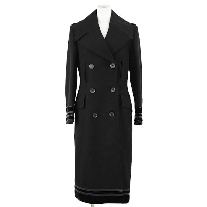 【美品】GUCCI グッチ トレンチコート 2005年製 ヴィンテージ ウール100% ベロア × レザー トリム シグネチャー ロゴボタン アウター レディース サイズ 42 ブラック 黒 イタリア製