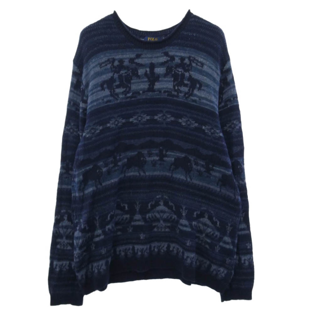 POLO RALPH LAUREN ポロ・ラルフローレン インディゴ ネイティブ柄 総柄 クルー ニット ネイビー系 XXL【中古】