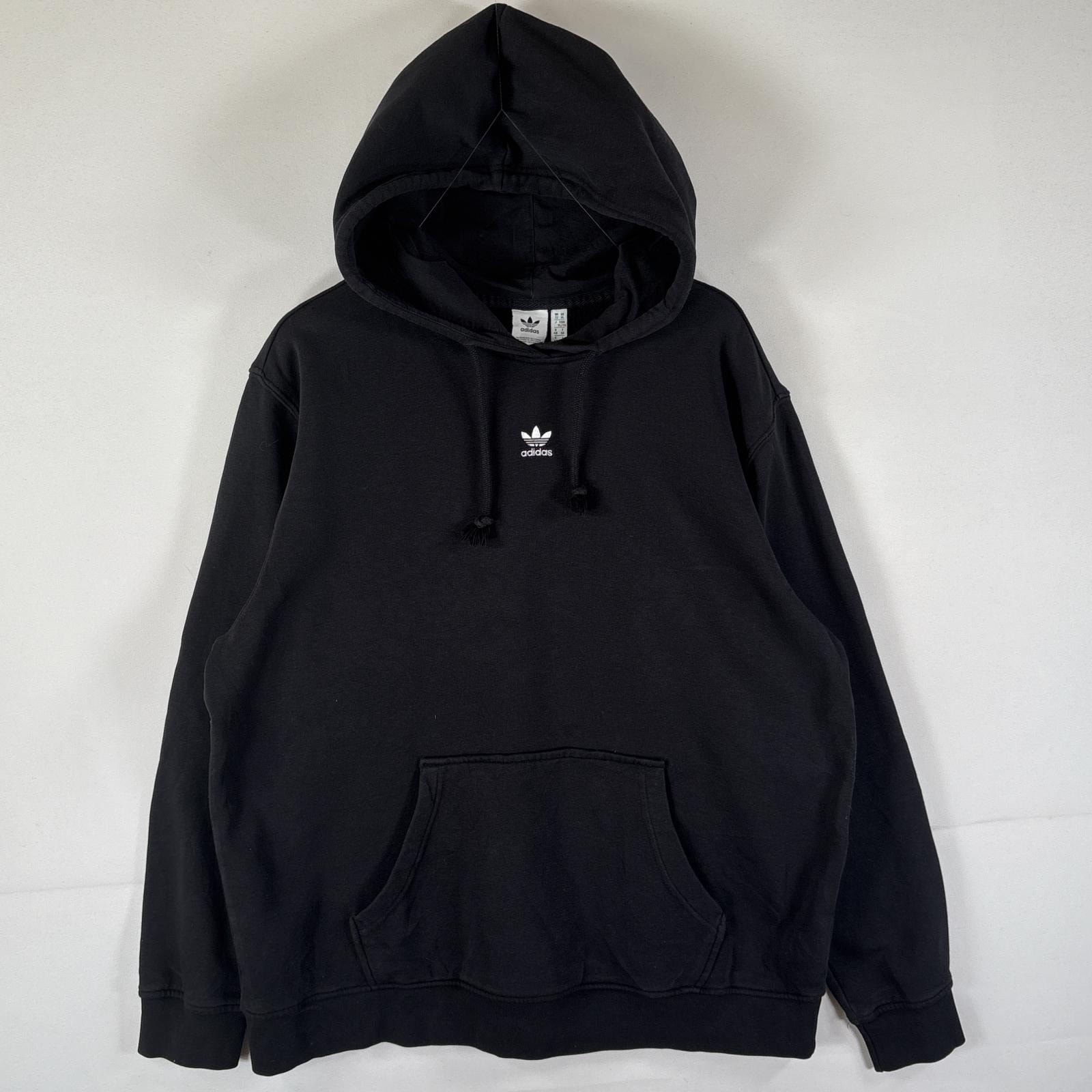 古着 アディダス adidas パーカー プルオーバー フーディ スウェット トレフォイルロゴ センターロゴ  ブラック メンズ