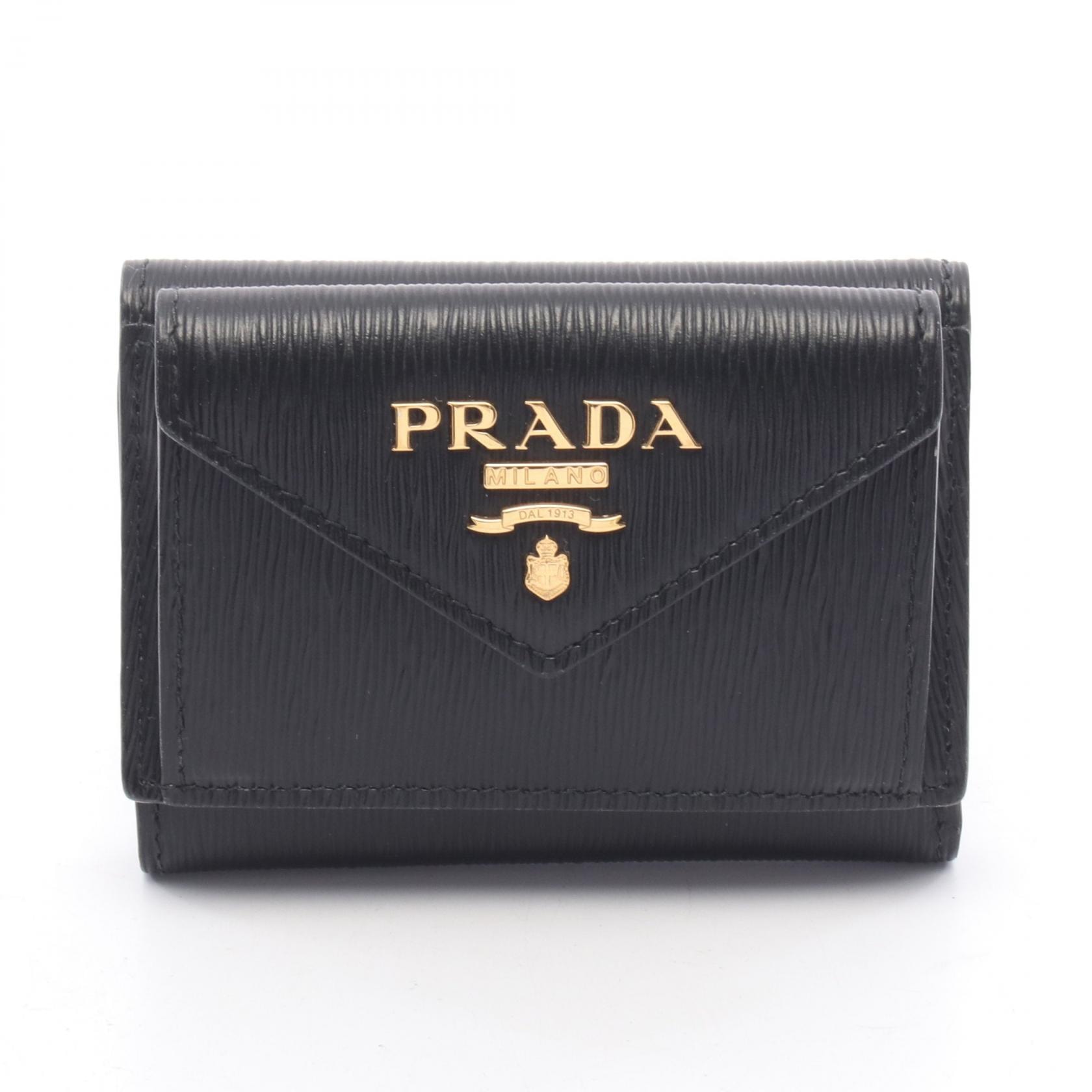 プラダ PRADA VITELLO MOVE コンパクトウォレット 三つ折り財布 財布 レザー レディース ブラック系 【中古】