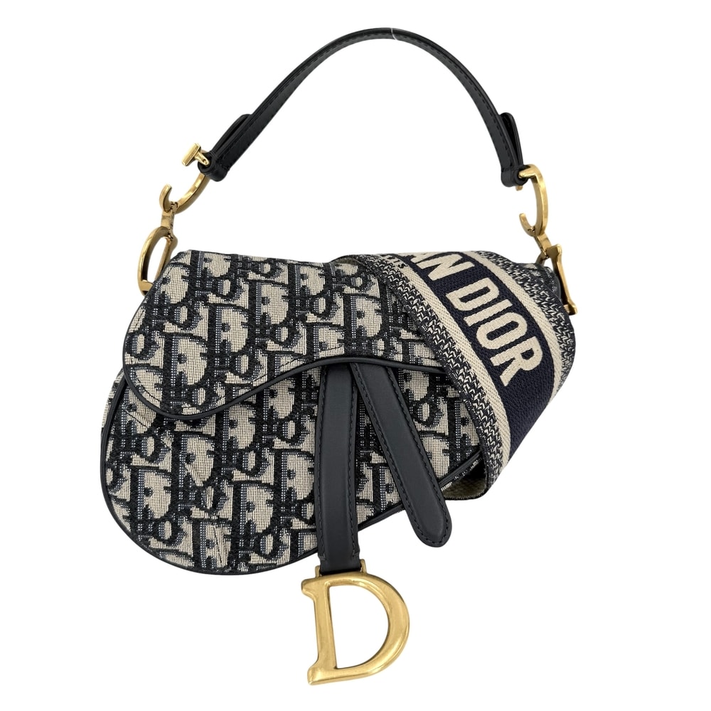 Dior ディオール 2WAY オブリーク サドルバッグ ショルダーバッグ ハンドバッグ 肩掛け 斜め掛け キャンバス    ベージュ ネイビー 紺 ゴールド金具 レディース【中古品】
