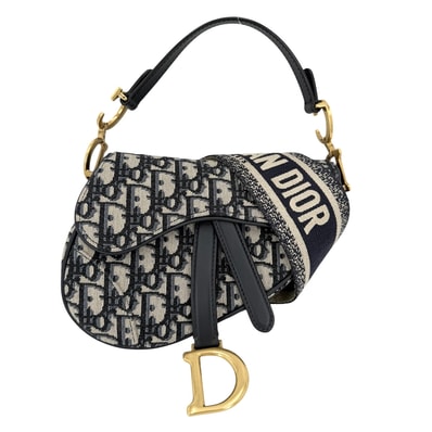 Dior ディオール 2WAY オブリーク サドルバッグ ショルダーバッグ ハンドバッグ 肩掛け 斜め掛け キャンバス ベージュ ネイビー 紺 ゴールド金具 レディース【中古品】